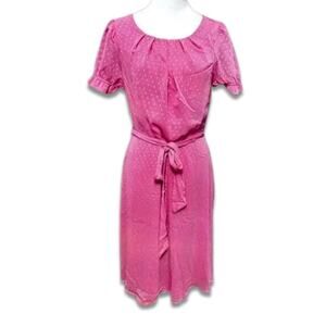 NY Collection Chiffon Midi Dress Short Ruffle Sleeves Belted Waist Pink LP NWT